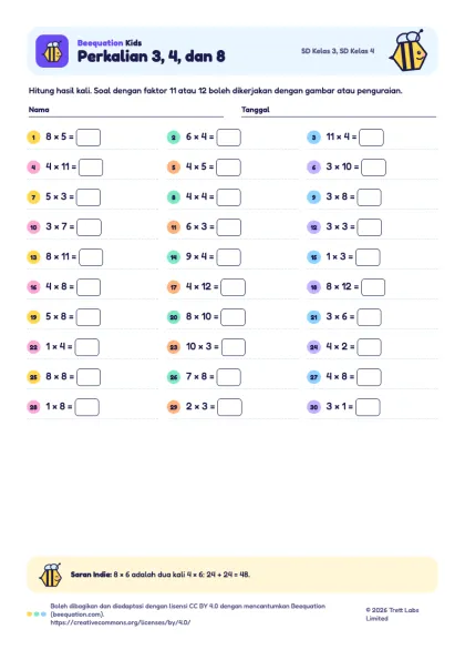 Pratinjau lembar kerja Perkalian 3, 4, dan 8